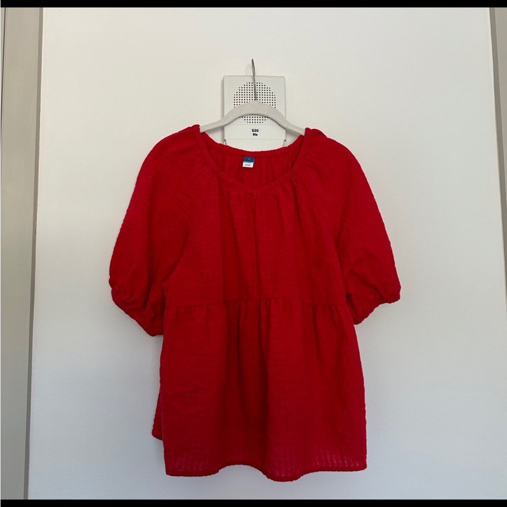 Old Navy Red Puff-Sleeve Seersucker Babydoll Swing Blouse